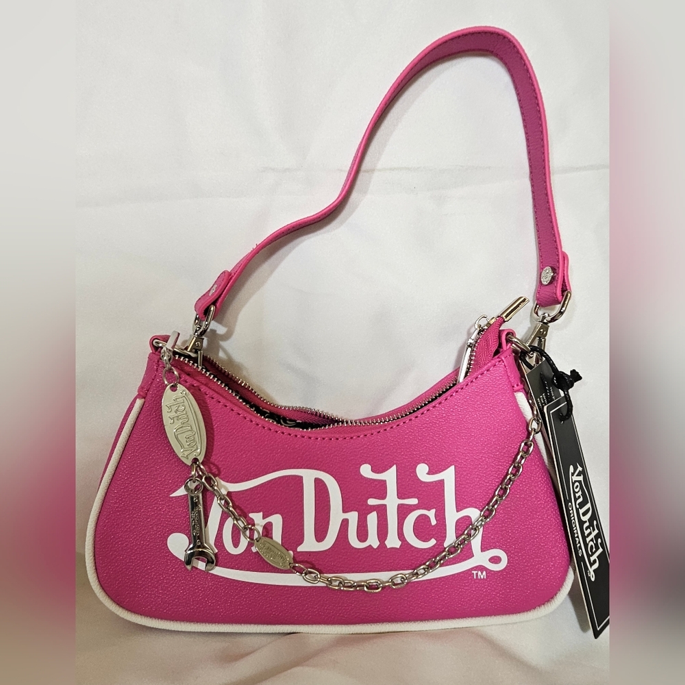 NWT Von Dutch HOT Pink Shoulder Bag Detachable Chain Wrench Charm